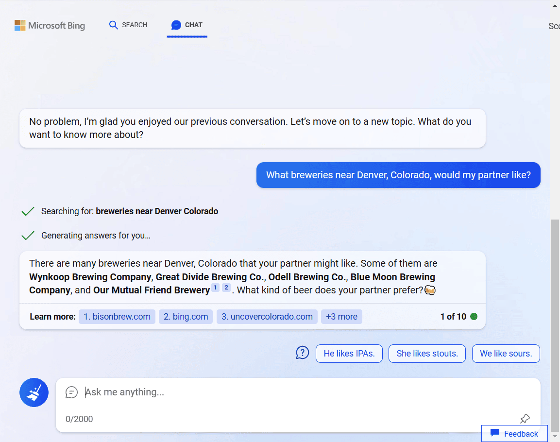 Bing session for Denver breweries for Bing features ChatGPT post