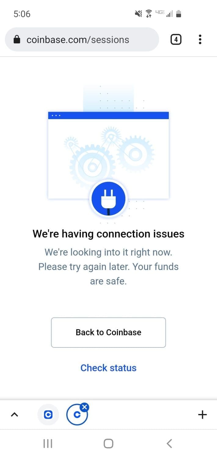 Coinbase web and app error screen for Super Bowl ad post